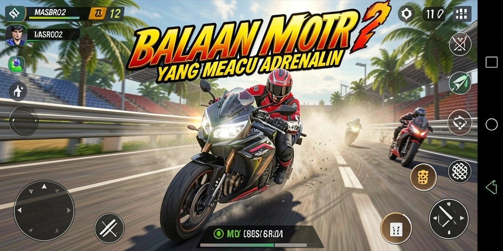 Screenshot gameplay MASBRO12 menampilkan kecepatan balapan motor yang mendebarkan.