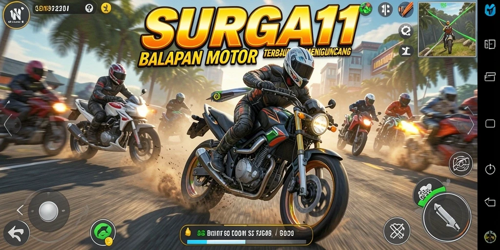 Gameplay mendebarkan dalam balapan motor SURGA11 yang menantang.
